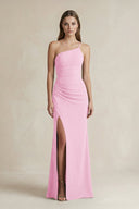 One - Shoulder Sheath Satin Bridesmaid Dress in Pink - KissProm Bridesmaid Dresses