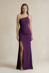 One - Shoulder Sheath Satin Bridesmaid Dress in Plum - KissProm Bridesmaid Dresses