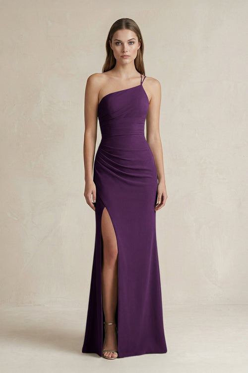 One - Shoulder Sheath Satin Bridesmaid Dress in Plum - KissProm Bridesmaid Dresses