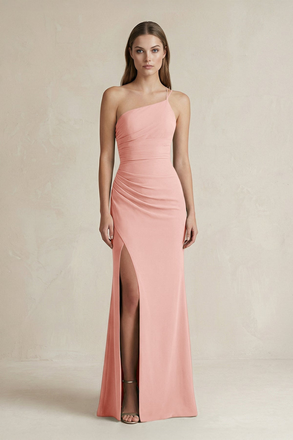 One - Shoulder Sheath Satin Bridesmaid Dress in Rose Petal - KissProm Bridesmaid Dresses