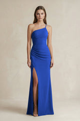 One - Shoulder Sheath Satin Bridesmaid Dress in Royal Blue - KissProm Bridesmaid Dresses