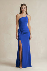 One - Shoulder Sheath Satin Bridesmaid Dress in Royal Blue - KissProm Bridesmaid Dresses