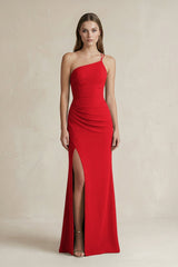 One - Shoulder Sheath Satin Bridesmaid Dress in Ruby Red - KissProm Bridesmaid Dresses