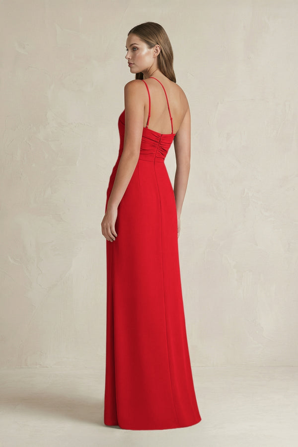 One - Shoulder Sheath Satin Bridesmaid Dress in Ruby Red - KissProm Bridesmaid Dresses