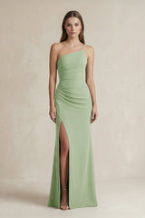 One - Shoulder Sheath Satin Bridesmaid Dress in Sage - KissProm Bridesmaid Dresses