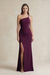 One - Shoulder Sheath Satin Bridesmaid Dress in Sangria - KissProm Bridesmaid Dresses