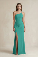 One - Shoulder Sheath Satin Bridesmaid Dress in Sea Glass - KissProm Bridesmaid Dresses