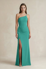 One - Shoulder Sheath Satin Bridesmaid Dress in Sea Glass - KissProm Bridesmaid Dresses