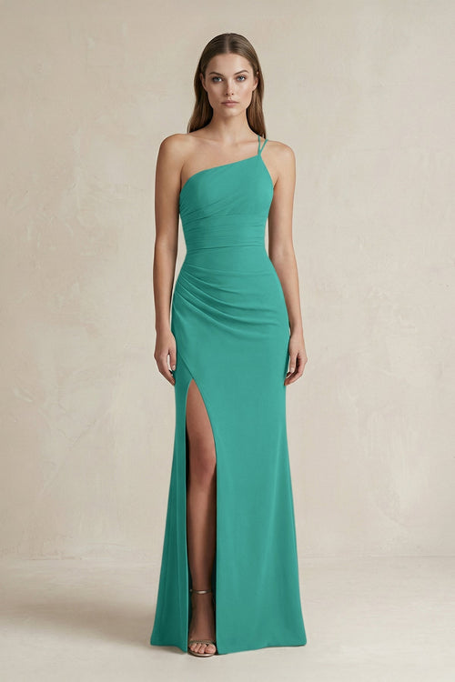 One - Shoulder Sheath Satin Bridesmaid Dress in Sea Glass - KissProm Bridesmaid Dresses