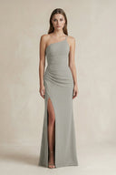 One - Shoulder Sheath Satin Bridesmaid Dress in Silver - KissProm Bridesmaid Dresses