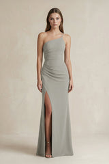 One - Shoulder Sheath Satin Bridesmaid Dress in Silver - KissProm Bridesmaid Dresses