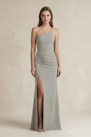 One - Shoulder Sheath Satin Bridesmaid Dress in Silver - KissProm Bridesmaid Dresses