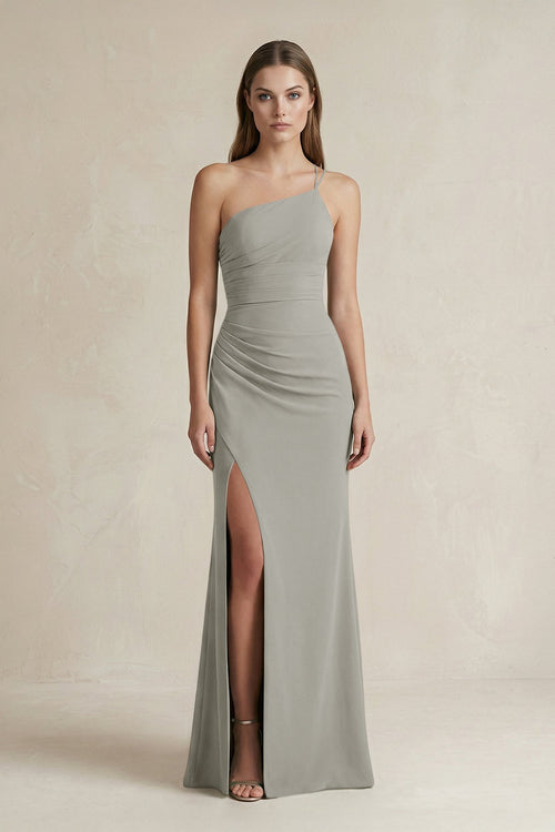 One - Shoulder Sheath Satin Bridesmaid Dress in Silver - KissProm Bridesmaid Dresses