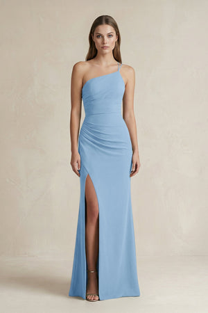 One - Shoulder Sheath Satin Bridesmaid Dress in Sky Blue - KissProm Bridesmaid Dresses