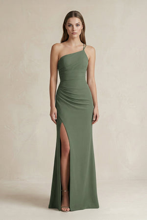 One - Shoulder Sheath Satin Bridesmaid Dress in Thyme - KissProm Bridesmaid Dresses