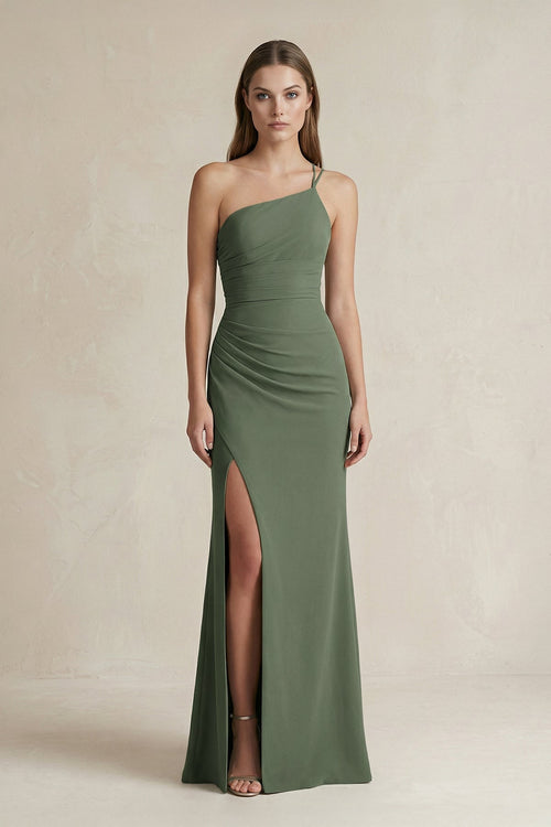 One - Shoulder Sheath Satin Bridesmaid Dress in Thyme - KissProm Bridesmaid Dresses