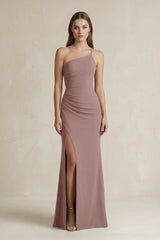 One - Shoulder Sheath Satin Bridesmaid Dress in Toffee - KissProm Bridesmaid Dresses