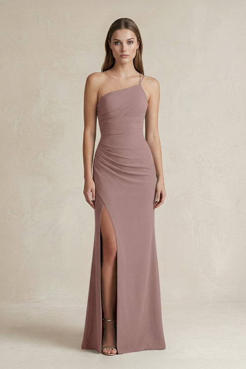 One - Shoulder Sheath Satin Bridesmaid Dress in Toffee - KissProm Bridesmaid Dresses