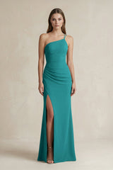 One - Shoulder Sheath Satin Bridesmaid Dress in Turquoise - KissProm Bridesmaid Dresses