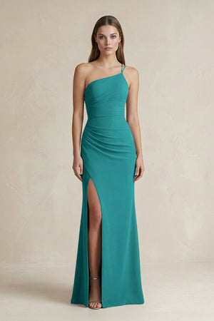 One - Shoulder Sheath Satin Bridesmaid Dress in Turquoise - KissProm Bridesmaid Dresses