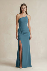 One - Shoulder Sheath Satin Bridesmaid Dress in Twilight - KissProm Bridesmaid Dresses