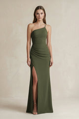 One - Shoulder Sheath Satin Bridesmaid Dress in Willow Green - KissProm Bridesmaid Dresses