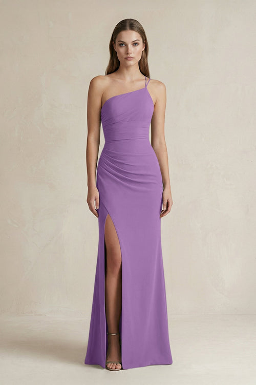 One - Shoulder Sheath Satin Bridesmaid Dress in Wisteria - KissProm Bridesmaid Dresses