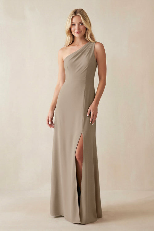One - Shoulder Sheath Satin Bridesmaid Dress With Slit in Almond - KissProm Bridesmaid Dresses