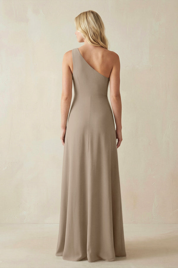 One - Shoulder Sheath Satin Bridesmaid Dress With Slit in Almond - KissProm Bridesmaid Dresses