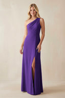 One - Shoulder Sheath Satin Bridesmaid Dress With Slit in Amethyst - KissProm Bridesmaid Dresses