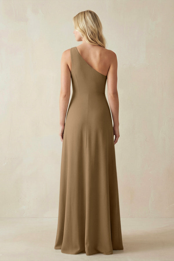 One - Shoulder Sheath Satin Bridesmaid Dress With Slit in Apple Cinnamon - KissProm Bridesmaid Dresses