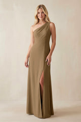 One - Shoulder Sheath Satin Bridesmaid Dress With Slit in Apple Cinnamon - KissProm Bridesmaid Dresses