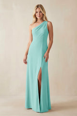 One - Shoulder Sheath Satin Bridesmaid Dress With Slit in Aqua - KissProm Bridesmaid Dresses