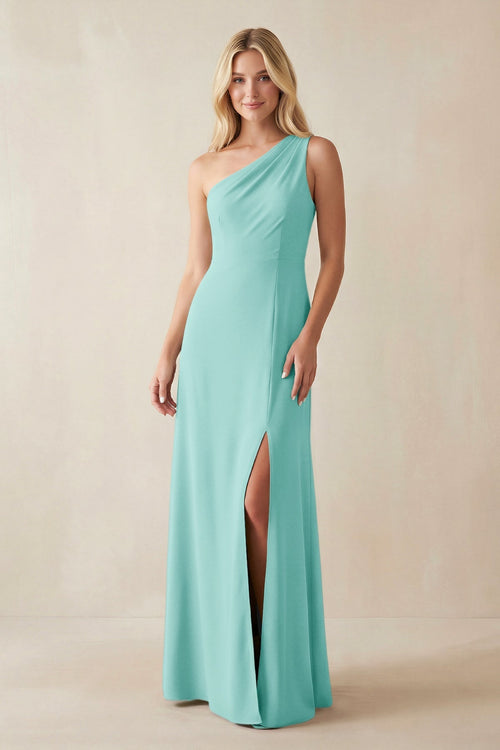 One - Shoulder Sheath Satin Bridesmaid Dress With Slit in Aqua - KissProm Bridesmaid Dresses