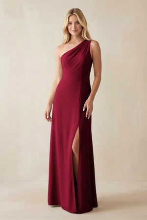 One - Shoulder Sheath Satin Bridesmaid Dress With Slit in Berry - KissProm Bridesmaid Dresses