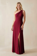 One - Shoulder Sheath Satin Bridesmaid Dress With Slit in Berry - KissProm Bridesmaid Dresses