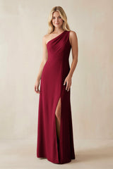 One - Shoulder Sheath Satin Bridesmaid Dress With Slit in Berry - KissProm Bridesmaid Dresses