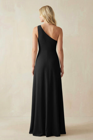 One - Shoulder Sheath Satin Bridesmaid Dress With Slit in Black - KissProm Bridesmaid Dresses