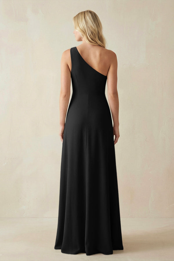 One - Shoulder Sheath Satin Bridesmaid Dress With Slit in Black - KissProm Bridesmaid Dresses
