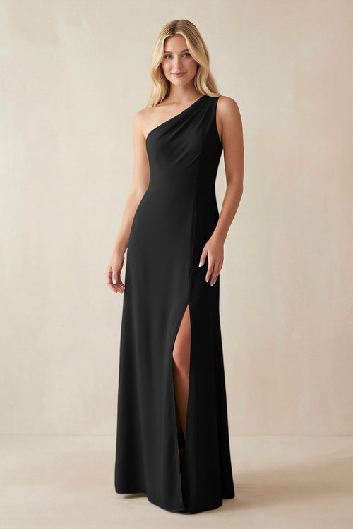 One - Shoulder Sheath Satin Bridesmaid Dress With Slit in Black - KissProm Bridesmaid Dresses