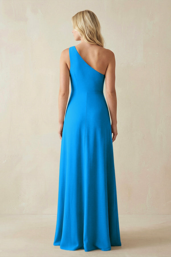 One - Shoulder Sheath Satin Bridesmaid Dress With Slit in Blue Jay - KissProm Bridesmaid Dresses