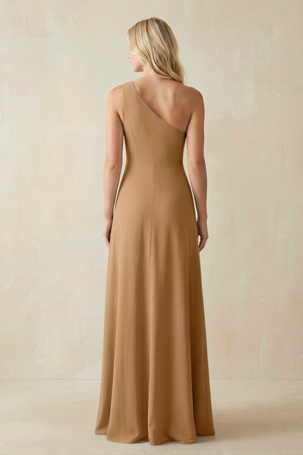 One - Shoulder Sheath Satin Bridesmaid Dress With Slit in Bronzer - KissProm Bridesmaid Dresses
