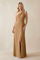 One - Shoulder Sheath Satin Bridesmaid Dress With Slit in Bronzer - KissProm Bridesmaid Dresses