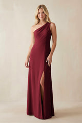 One - Shoulder Sheath Satin Bridesmaid Dress With Slit in Burgundy - KissProm Bridesmaid Dresses