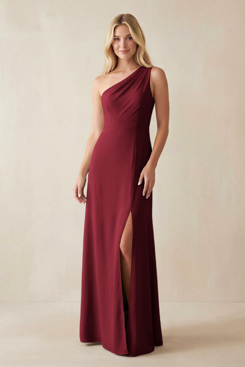One - Shoulder Sheath Satin Bridesmaid Dress With Slit in Burgundy - KissProm Bridesmaid Dresses