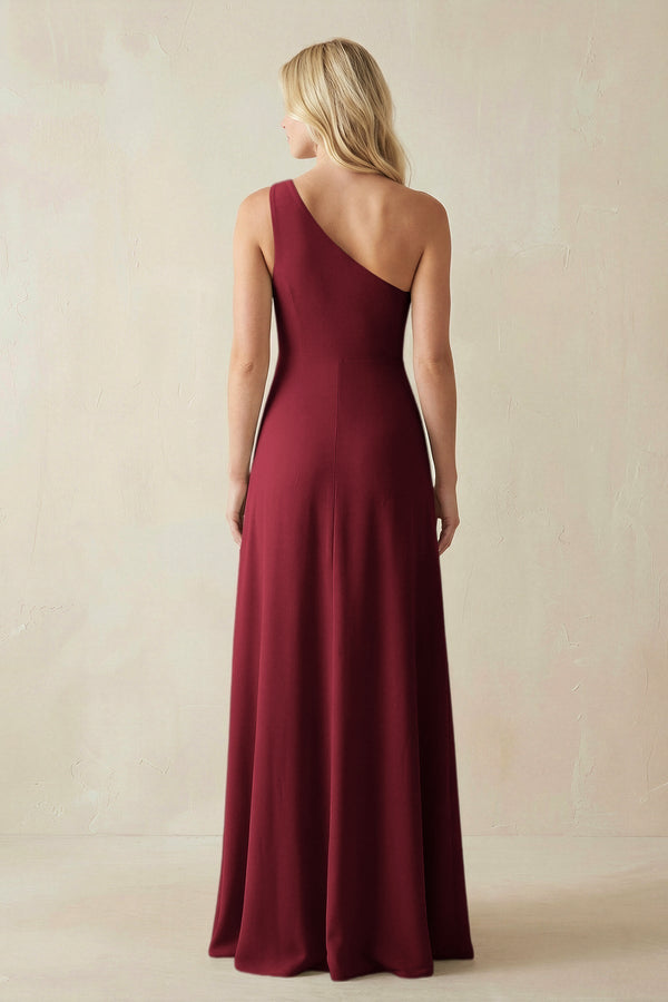 One - Shoulder Sheath Satin Bridesmaid Dress With Slit in Burgundy - KissProm Bridesmaid Dresses