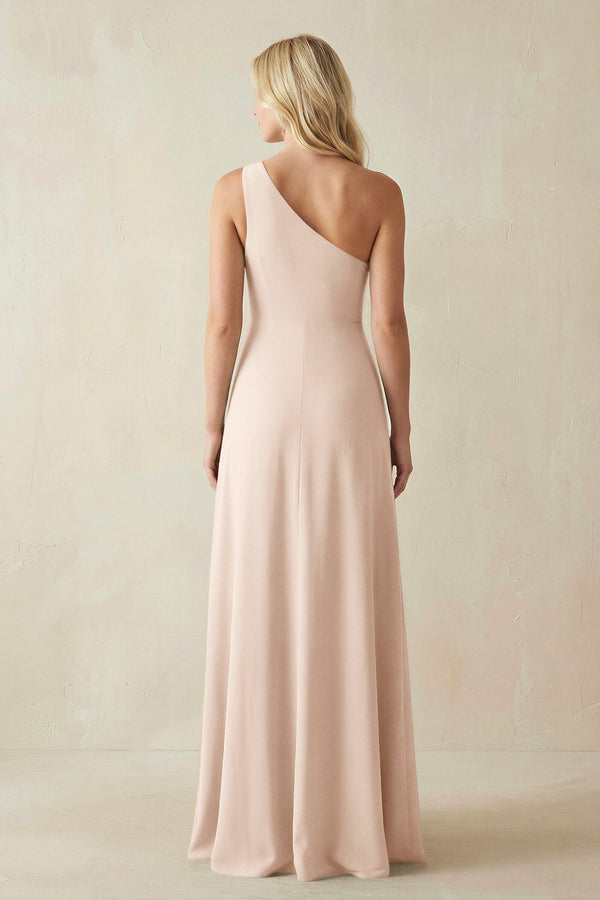 One - Shoulder Sheath Satin Bridesmaid Dress With Slit in Buttercream - KissProm Bridesmaid Dresses