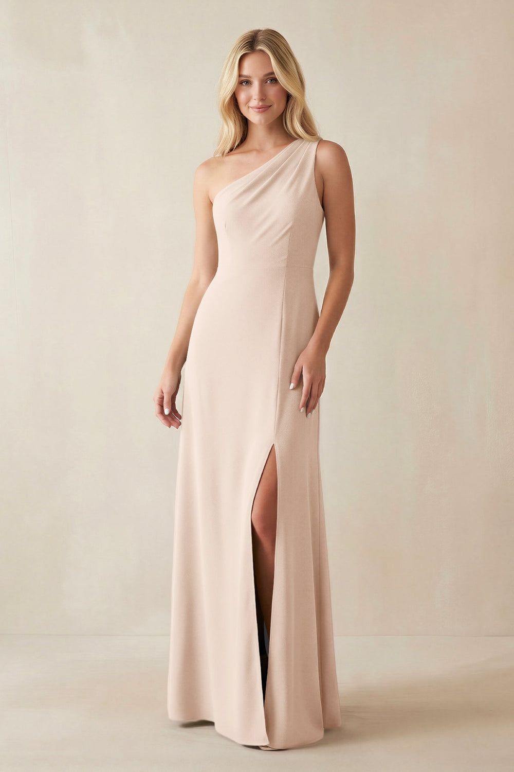 One - Shoulder Sheath Satin Bridesmaid Dress With Slit in Buttercream - KissProm Bridesmaid Dresses