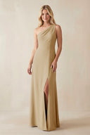 One - Shoulder Sheath Satin Bridesmaid Dress With Slit in Champagne - KissProm Bridesmaid Dresses