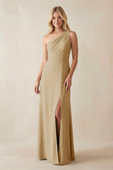 One - Shoulder Sheath Satin Bridesmaid Dress With Slit in Champagne - KissProm Bridesmaid Dresses